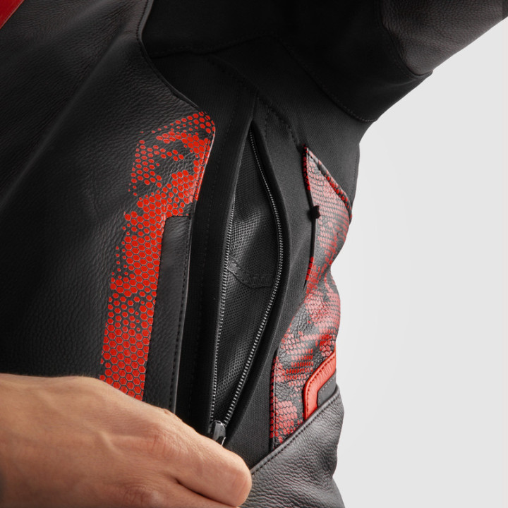 KURTKA MOTOCYKLOWA SKÓRZANA REBELHORN VELOCE CAMO BLACK FLUO RED