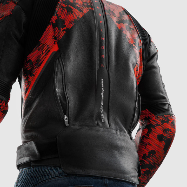 KURTKA MOTOCYKLOWA SKÓRZANA REBELHORN VELOCE CAMO BLACK FLUO RED