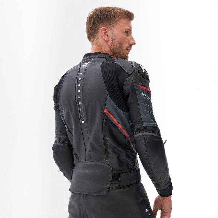 KURTKA MOTOCYKLOWA SKÓRZANA REBELHORN VELOCE BLACK GREY FLUO RED