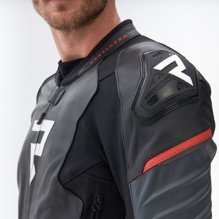 KURTKA MOTOCYKLOWA SKÓRZANA REBELHORN VELOCE BLACK GREY FLUO RED