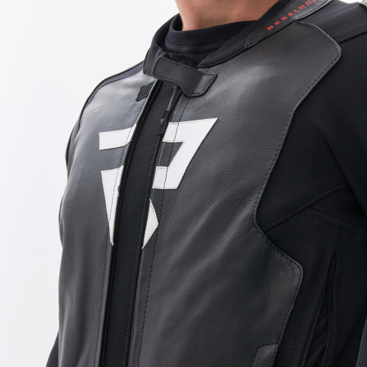 KURTKA MOTOCYKLOWA SKÓRZANA REBELHORN VELOCE BLACK GREY FLUO RED