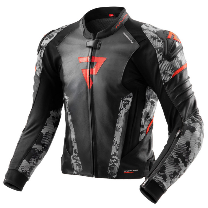 KURTKA MOTOCYKLOWA SKÓRZANA REBELHORN VELOCE CAMO BLACK GREY FLUO RED