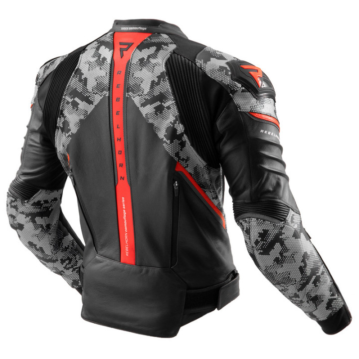 KURTKA MOTOCYKLOWA SKÓRZANA REBELHORN VELOCE CAMO BLACK GREY FLUO RED