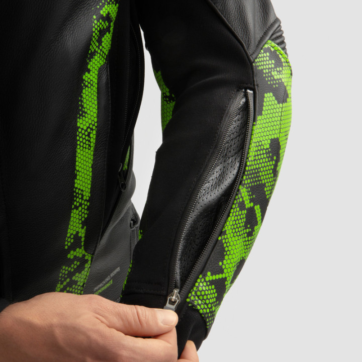 KURTKA MOTOCYKLOWA SKÓRZANA REBELHORN VELOCE CAMO BLACK GREEN FLUO RED