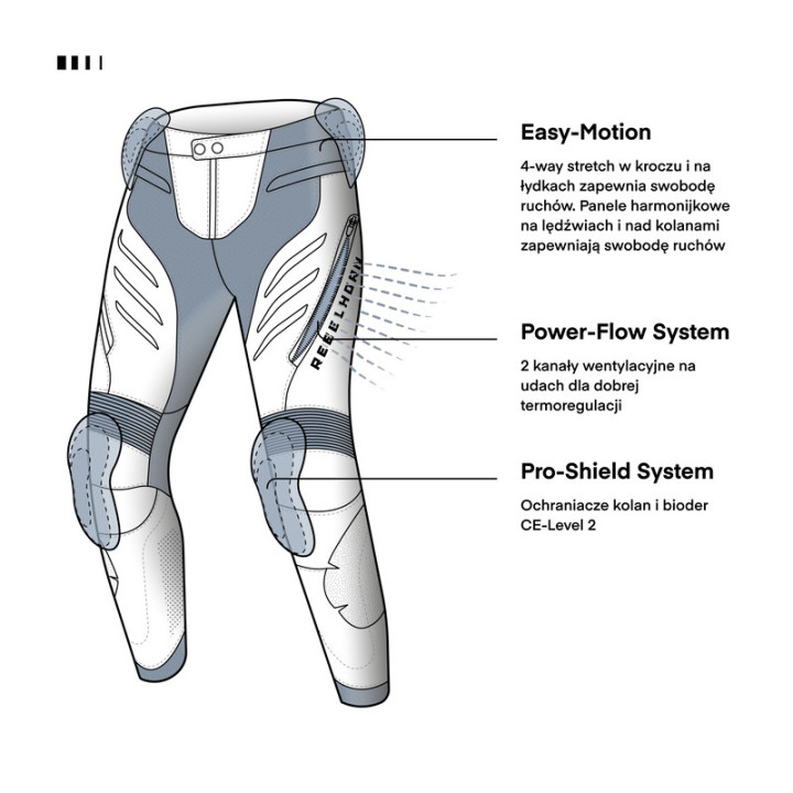 SPODNIE MOTOCYKLOWE SKÓRZANE REBELHORN VELOCE BLACK WHITE