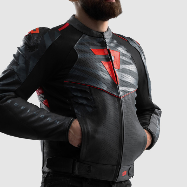 KURTKA MOTOCYKLOWA SKÓRZANA REBELHORN VANDAL 2 BLACK GREY FLUO RED