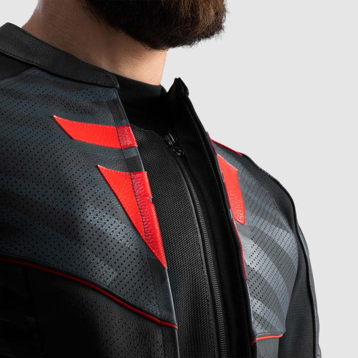 KURTKA MOTOCYKLOWA SKÓRZANA REBELHORN VANDAL 2 BLACK GREY FLUO RED