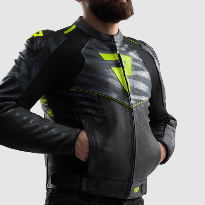 KURTKA MOTOCYKLOWA SKÓRZANA REBELHORN VANDAL 2 BLACK GREY FLUO YELLOW