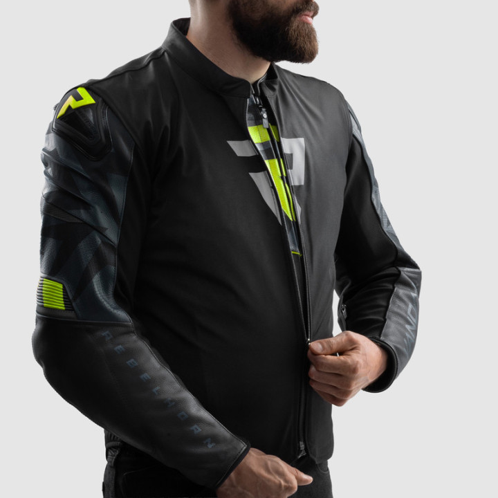 KURTKA MOTOCYKLOWA SKÓRZANA REBELHORN VANDAL 2 BLACK GREY FLUO YELLOW