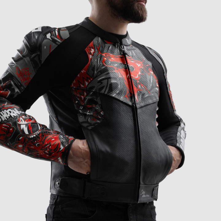 KURTKA MOTOCYKLOWA SKÓRZANA REBELHORN VANDAL 2 CRUZE BLACK DARK GREY RED