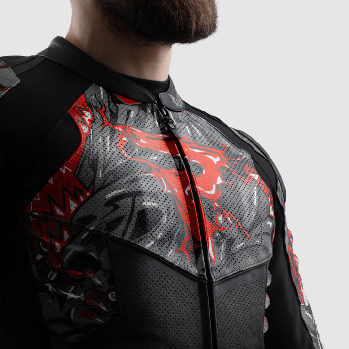KURTKA MOTOCYKLOWA SKÓRZANA REBELHORN VANDAL 2 CRUZE BLACK DARK GREY RED