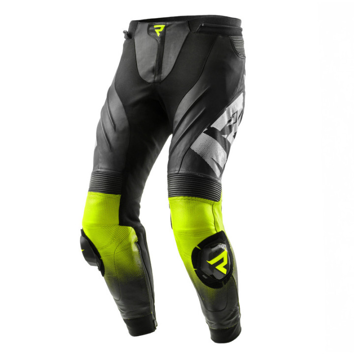 SPODNIE MOTOCYKLOWE SKÓRZANE REBELHORN INFERNO BLACK WHITE FLUO YELLOW