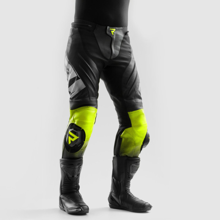 SPODNIE MOTOCYKLOWE SKÓRZANE REBELHORN INFERNO BLACK WHITE FLUO YELLOW