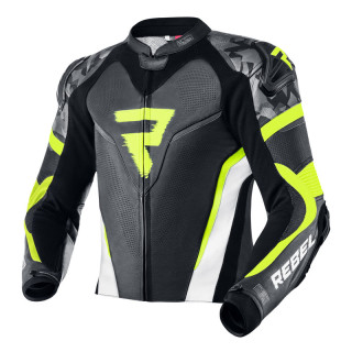 KURTKA MOTOCYKLOWA SKÓRZANA REBELHORN REBEL BLACK WHITE FLUO YELLOW 46